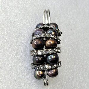 Black and Brown Faux Pearl and Rhinestones Brooch Safety Pin